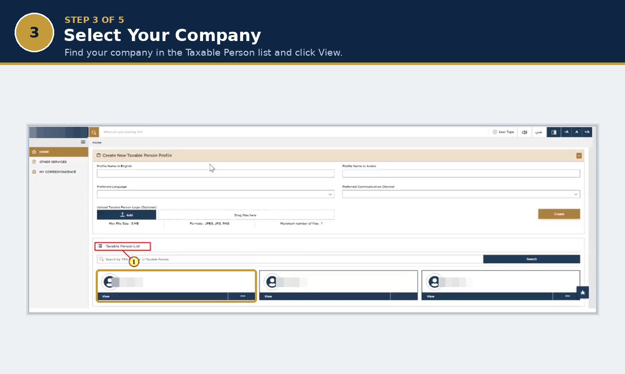 EmaraTax Taxable Person list showing companies with the View button