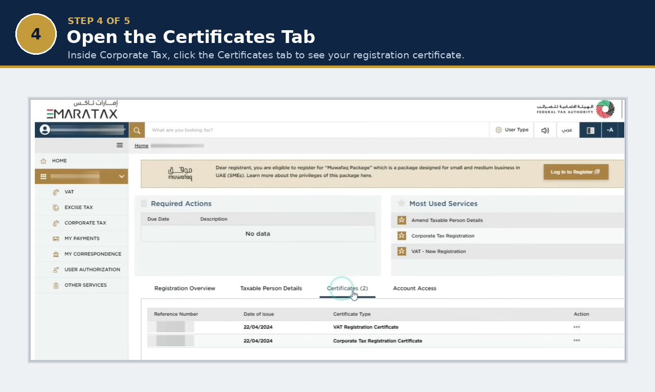EmaraTax Certificates tab listing the VAT and Corporate Tax Registration Certificates