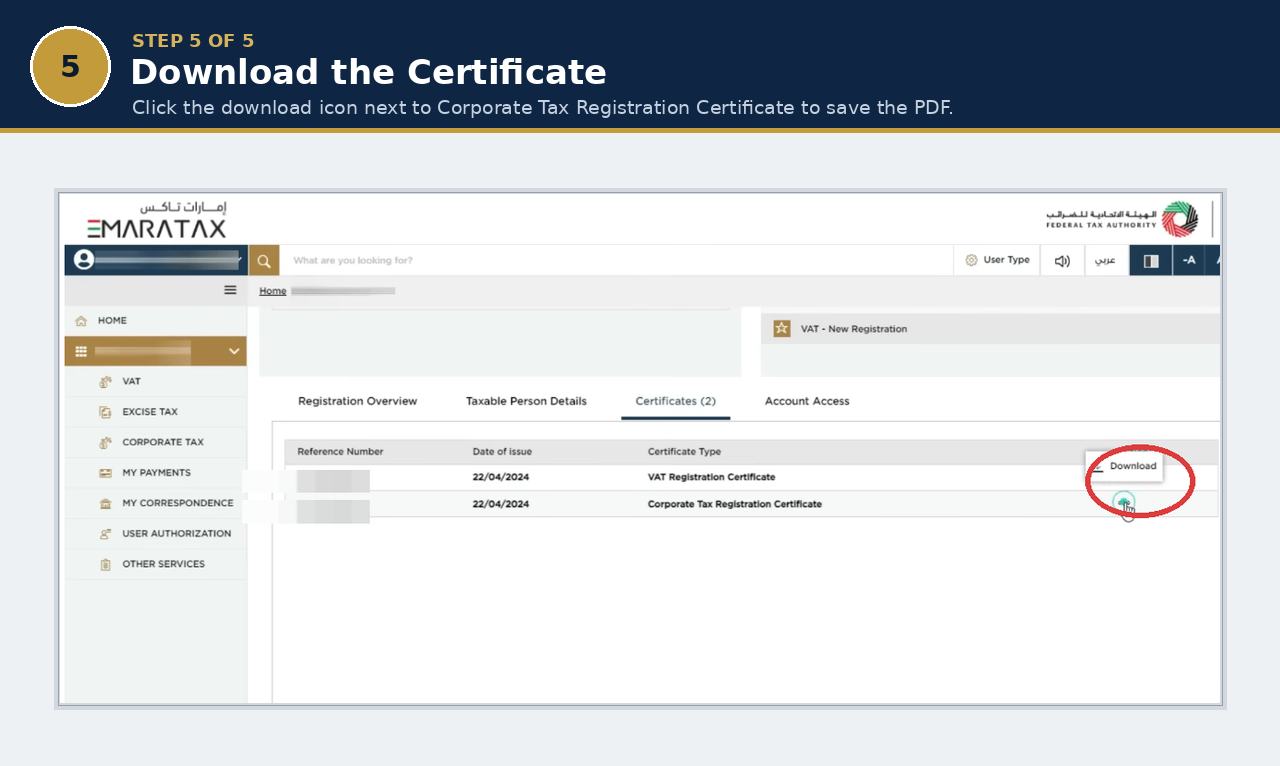 EmaraTax Certificates tab with the download icon highlighted next to Corporate Tax Registration Certificate