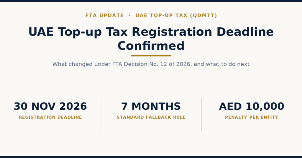 UAE Top-up Tax registration deadline confirmed for 30 November 2026, with the 7-month fallback rule and AED 10,000 late registration penalty